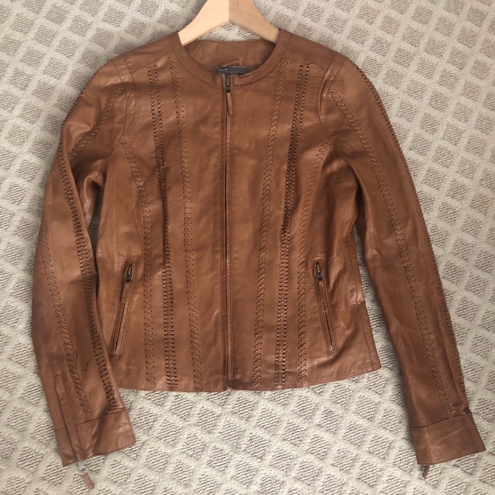 Vince Brown Camel Braided Leather Jacket